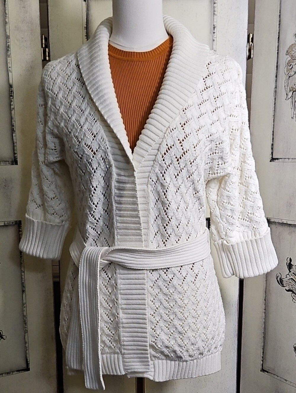 Diane Von Furstenberg Cream Belted Openwork Collar,pointelle Wrap Cardigan. Med